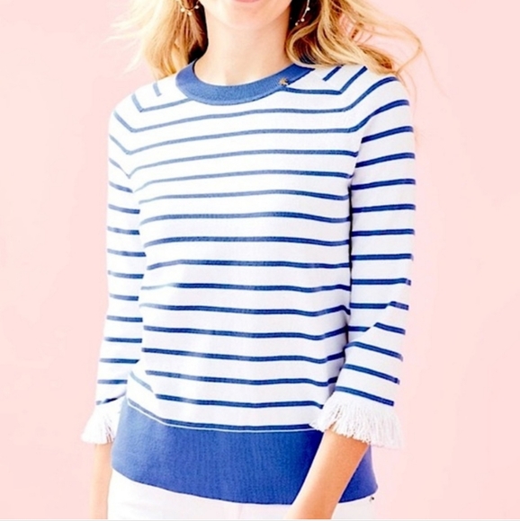 Lilly Pulitzer Dasha Striped Fringed Sweater Blue White Size Large - Picture 1 of 8